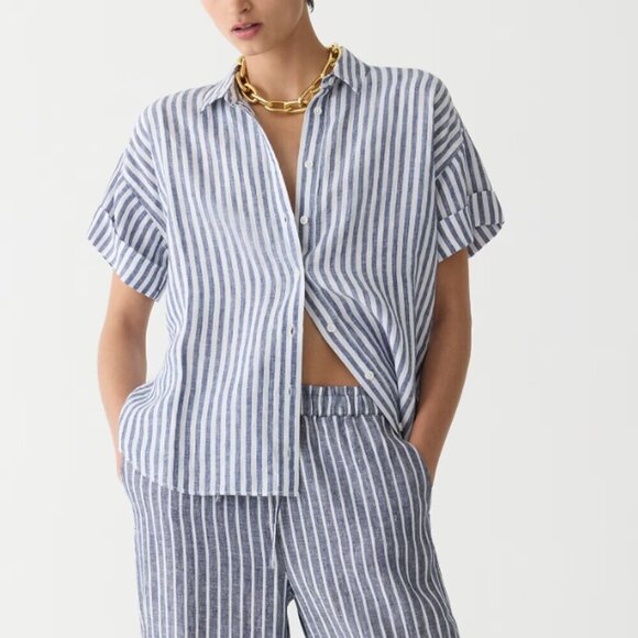 J Crew Capitaine Irish Linen Shirt Womens Large Blue Stripe Baird McNutt Relaxed